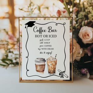 Skylt för varm eller iskaffe för examen, instruktioner för examensfest, dekorationer för kaffedryck, direkt nedladdning, utskrivbar