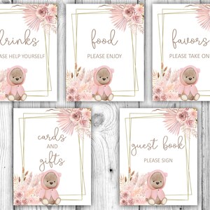 Pacote de chá de bebê de urso, placas de mesa de chá de bebê de urso rosa blush, decorações de mesa de chá de bebê de menina ursa, download instantâneo para impressão