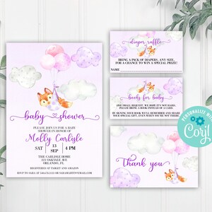 May include: Purple and white baby shower invitation with a fox holding balloons. The invitation includes the text "baby shower", "Molly Carlisle", "Sat Sep 13, 4 PM", "The Carlisle Home", "221 Oakvale Ave Orlando, FL", "Registered at Target and Amazon", "RSVP to Sara at 305-222-1212 or saramartin@email.com".