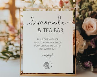 Placa de bar de limonada e chá, decoração de posto de bebidas para festa de aniversário, instruções de cardápio, chá de bebê, casamento, download instantâneo para impressão
