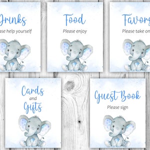 Paquete de baby shower de elefante azul, letreros imprimibles de elefante para mesa, decoraciones de baby shower de elefante, descarga instantánea imprimible