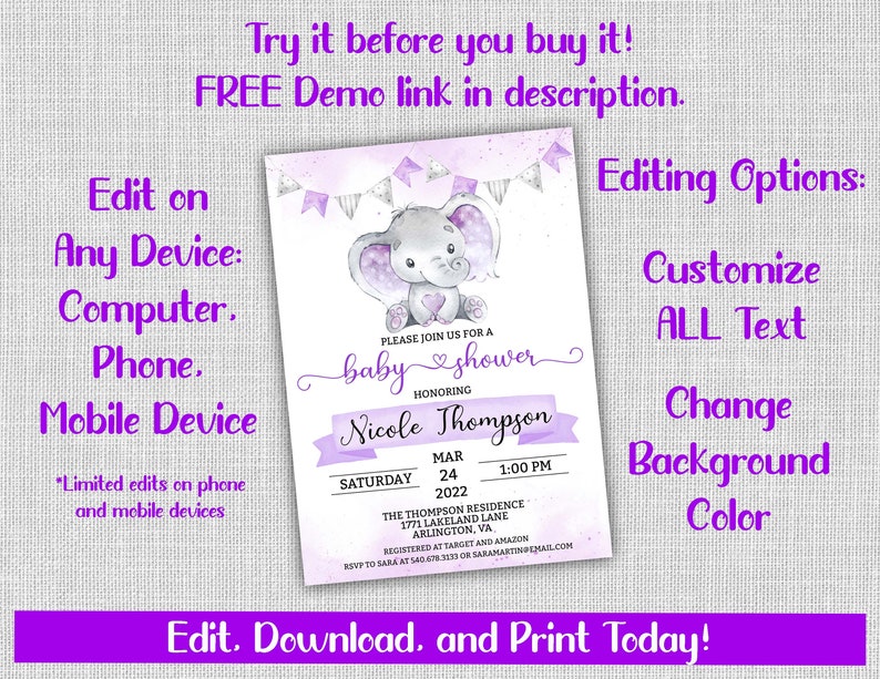 Purple Elephant Baby Shower Invitation Girl Elephant Lavender Etsy