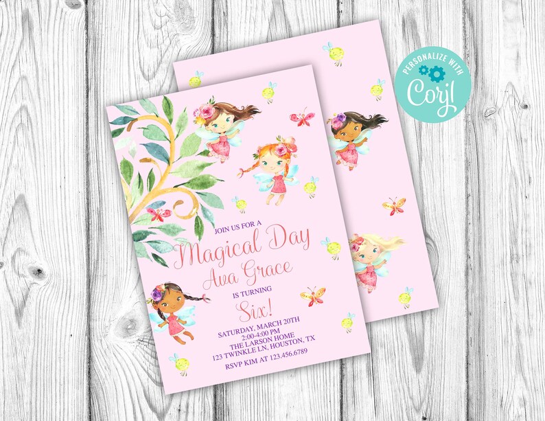 Pode incluir: Convite rosa com um design floral e fadas. O texto diz "Magical Day Ava Grace is turning Six!" com detalhes para uma festa em 20 de mar&ccedil;o.