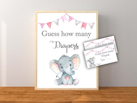 Guess How Many Diapers Baby Shower Game, Pink Elephant Baby Shower