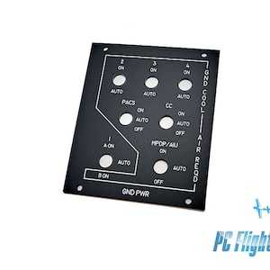 Może przedstawiać: Czarny metalowy panel z szeregiem przełączników i etykiet, w tym "GND COOL AIR REQD", "PACS", "CC", "MPDP/AJU" i "GND PWR".