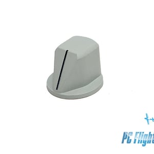 Op de afbeelding: Een grijze kunststofknop met een enkele zwarte lijn in het midden. De knop is ontworpen voor gebruik met een potentiometer.