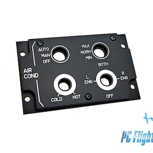 Może przedstawiać: Czarny metalowy panel z wieloma przełącznikami i etykietami, w tym "AUTO", "MAX", "MAN", "NORM", "OFF", "MIN", "AIR COND", "L ENG", "COLD", "HOT", "BOTH", "R ENG" i "OFF".