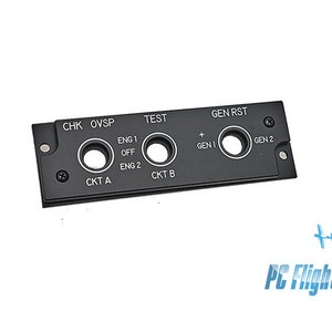 May include: Black metal panel with multiple switches and labels, including "CHK OVSP", "TEST", "GEN RST", "ENG 1 OFF", "ENG 2", "CKT A", "CKT B", "GEN 1", and "GEN 2".