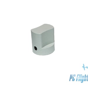 May include: A gray plastic knob with a round hole in the center. The knob is designed for use with a control panel or other mechanical device.