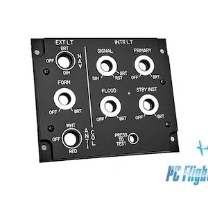 May include: A black panel with multiple round toggle switches and labels. The labels include "EXT LT", "BRT", "NAV", "DIM", "FORM", "SIGNAL", "INTR LT", "PRIMARY", "RST", "FLOOD", "STBY INST", "WHT", "ANTI", "COL", "PRESS TO TEST", and "RED".