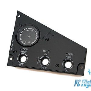 Puede incluir: Panel eléctrico negro con un indicador redondo etiquetado como "BATT" y tres interruptores de palanca etiquetados como "L GEN NORM", "BATT ON" y "R GEN NORM".