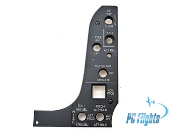 May include: Black metal panel with various switches and labels, including "RF NORM", "QUIET", "SILENT", "ECM", "LASER ARM", "ALT REL", "MASTER ARM", "SIMULATE", "ADV MODE", "ROLL HDG SEL", "PITCH ALT HOLD", "ATT HOLD", "A/P OFF", "STRG SEL", "ATT HOLD", and "MISC".