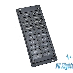 Może przedstawiać: Czarny panel z siatką 16 przycisków, z których każdy jest oznaczony inną funkcją, np. "Program", "Chaff", "Emer BST On", "Nuclear", "L Gen", "Engine", "Hyd", "DSP FLO LO", "Spare" i "Oxygen".