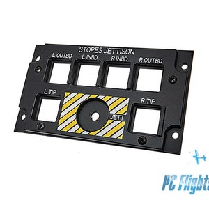 May include: Black metal panel with a yellow and white striped design and the text "STORES JETTISON". The panel has six rectangular buttons labeled "LOUTBD", "LINBD", "R INBD", "R OUTBD", "L TIP", and "R TIP".