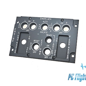 May include: A black metal panel with various switches and labels, including "Engine Master", "Emerg Gen", "Starter", and "Reset".