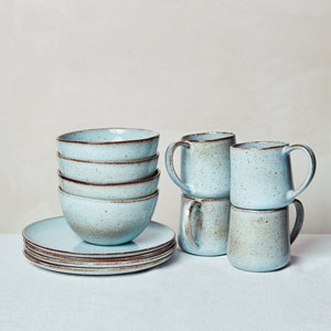 Seafoam Pottery Set, Dishes Set for 4, Pottery Breakfast Bowls, Pottery Coffee Mugs Set, Ceramic Breakfast Plates, Stoneware Dishes Set
