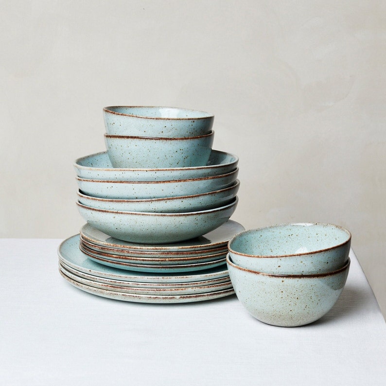 Seafoam Pottery Dishes, Pottery Dinner Dish Set, Stoneware Dining Set, Pottery Soup Bowls, Ceramic Dinner Plate Set, Ceramic Dinnerware image 1