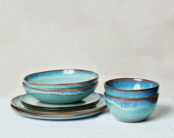 Ocean Pottery Dishes, Pottery Dinner Dish Set, Stoneware Dining Set, Pottery Soup Bowls, Ceramic Dinner Plate Set, Ceramic Dinnerware