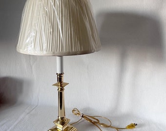 Vintage Classic Brass French Style Table Lamp with Pleated Lamp Shade, Vintage New Lamp Shade, Brass Candle Stick Lamp with New Ivory Shade