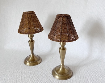 Hübscher Vintage-Zeitgenössische Goldbasis mit Braun / Gold Paillettenschirm, Lampe Kerzenhalter, Teekerzenlichthalter / Lampe 2er-Set