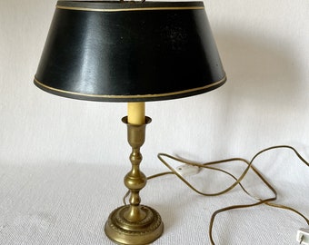 Vintage or Antique French Brass Candle Stick Holder Table Lamp with Black Paper Shade, English style, Brass with Cardboard Shade, Rare Find