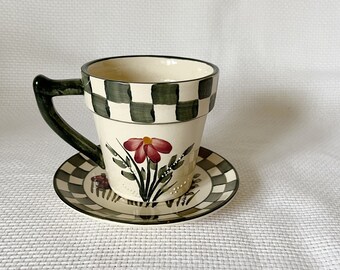 Floral checkered mug with saucer, vintage coffee mug, vintage tea mug, old ceramic mug set, your favorite mug set, hand painted green cheeks