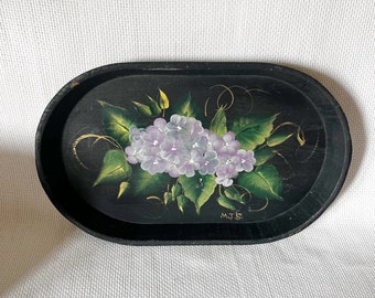 Vintage Black Floral Light Wood Lap Tray-Serving, Old World Tray, Mid Century Serving Platter, Blue Hydrangeas Painting, Hand Painted Flower
