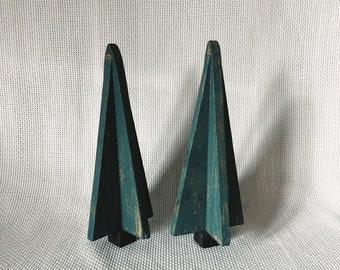 Vintage Wooden Christmas Trees in Green Color, Unique Christmas Holidays Decoration, Mantel Shelve Decoration, Fireplace Decoration Set of 2