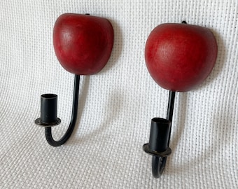 Vintage Wood Apple and Metal Candle Sconces, Red Apples Detailed Candle Wall Decoration, Candle Hanging on the Wall, Primitive Sconces
