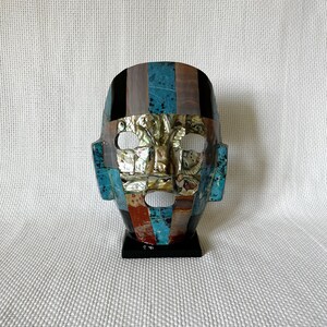 Mexican Mayan Aztec Stone Warrior Mask, Mother of Pearl Decorated, Candle Holder, Minimal Home Decoration, Meaning Sculpture, Unique Find