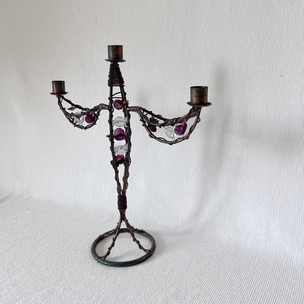 Single Beaded Candelabra in Dark Purple, Vintage Candle Holder, Collectible Unique Candle Holder, Rounded Base with Discoloration Home Decor