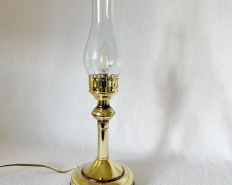 Vintage Unique Brass Lacquered Lamp w Hurricane Glass Shade, Vintage Old Primitive Lamp with Hand Blown Glass Shade, Candle Holder Lamp