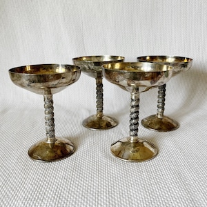 Set of 4 Silver Spain Champagne Dessert Goblets, Twisted Wine Stems, Metal Glasses, Candle Holders, Vintage Spotted Pewter Parfait Glasses