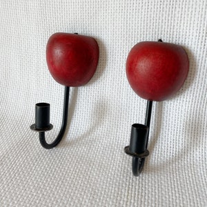Vintage Wood Apple and Metal Candle Sconces, Red Apples Detailed Candle Wall Decoration, Candle Hanging on the Wall, Primitive Sconces