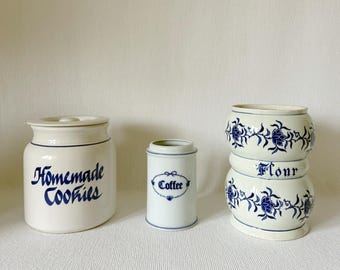 Vintage Blue & White Kitchen Canisters, Homemade Cookies, Coffee