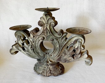 Antique Three Pillar Candle Holder, Terracotta Candelabra, Vintage Large Chunky Candle Holder, Holiday Candle Holder, Victorian Candelabra