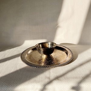 Pode incluir: Uma bandeja de servir prateada com uma borda decorativa e uma tigela pequena e redonda de prata no centro.