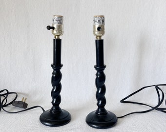 Vintage Wooden Black Swirl Accent Table Lamp Bases, Vintage Mid Century Small Night Stand Lamps, Kitchen Counter Top Lamps, Pair Night Bases