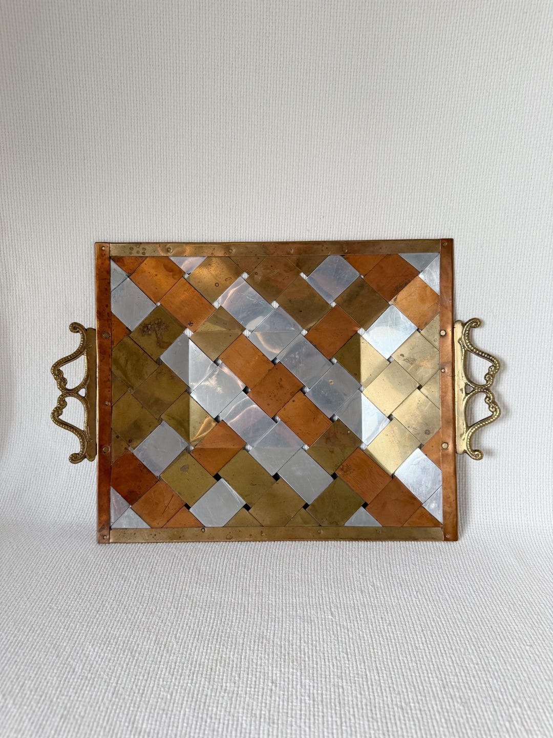 アンティーク雑貨 antique classic celluloid tray very old Vintage Silver on Copper Footed Serving Tray With Celluloid