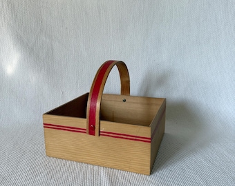 Vintage Wooden Gathering Basket, Scandinavian Bentwood Basket, Rustic Storage Red Striped Caddy, Minimalist Wooden Tote Box, Kids Room Decor