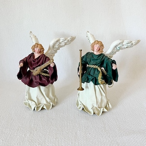 Vintage Pair of Angel in Burgundy and Green Christmas Tree Topper, Free Standing Christmas Angels, Ceramic Wings Angel Christmas Decoration