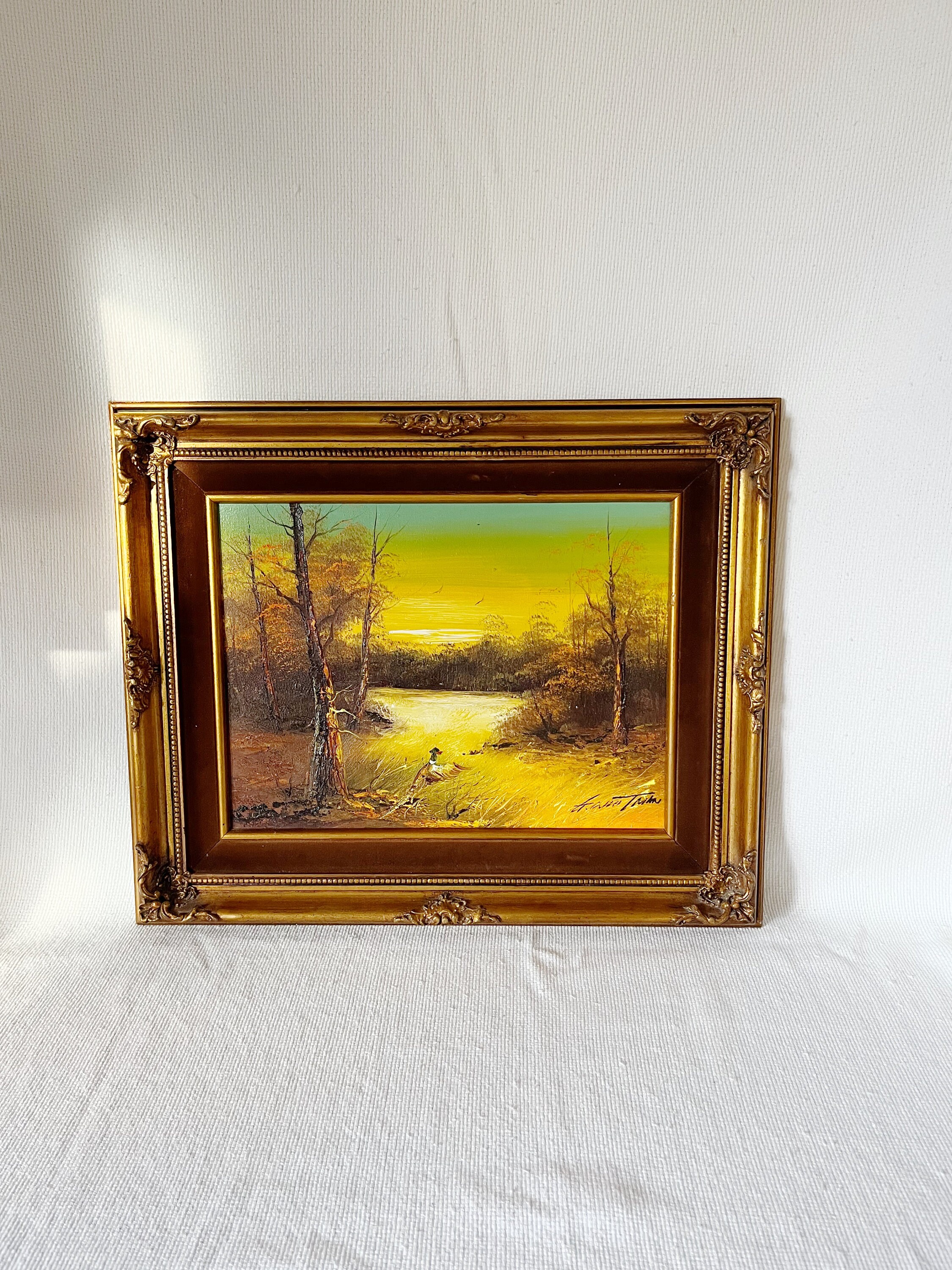 Vintage Dutch Oil Painting, Nature Wall Decor, Original Dutch Artwork with Duck, River Scene Oil Painting in Gold Frame Nature Life Painting