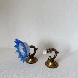 Vintage Brass Wall Sconces with Murano Blue Ruffled Glass Shade, Art Deco Style Lighting for Bedroom, Hallway, Vanity Decor, Kid Room Decor