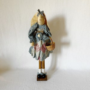 Vintage Easter Standing Bunny Toy, Rabbit Decoration, Wooden Dressed Bunny Girl With Basket, Easter Room Decor, Kids Room Decoration