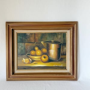 Vintage Still Life Painting with Fruit and Brass Jug, Framed Oil on Canvas, Mid-Century Wall Art, Rustic Kitchen Decor, Old Art for Kitchen