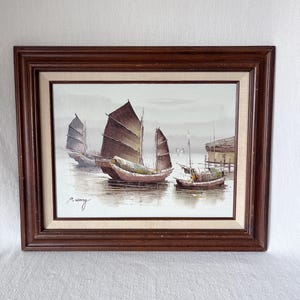 Vintage Artist P. Wong Nautical Oil Painting, Nature Wall Decor, Original Artwork with Tall Ships, Water Scene Oil Painting in Wooden Frame