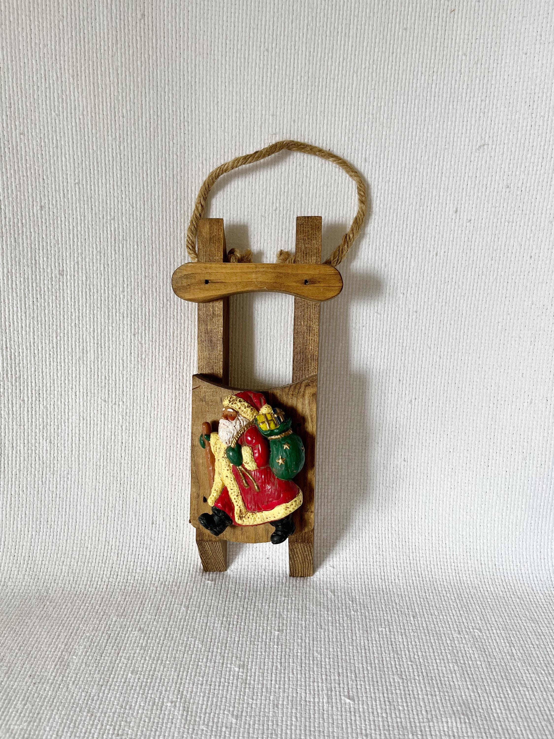 Vintage Wooden Christmas Sled Vintage Santa and the Rope, DIY Christmas Decoration, Santa Klaus Merry Christmas Sled, Primitive Wood Sleigh