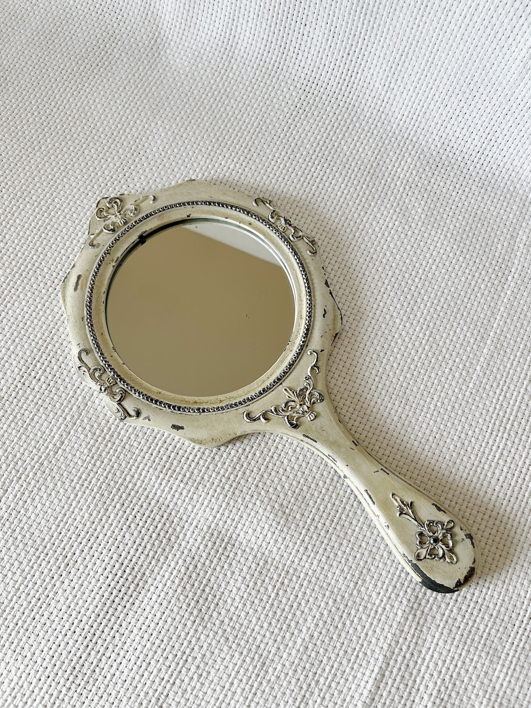 Vintage Decorative Hand Mirror White Wash Ivory White Mirror Etsy