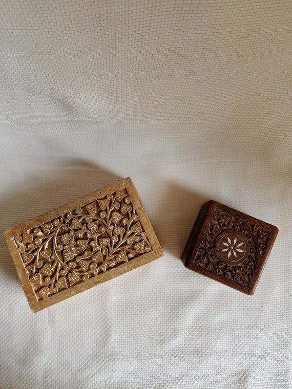 Vintage Wooden Carved Boxes, Made in India Trinke… - image 2