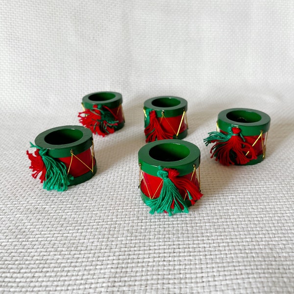 5 Wooden Drums Napkin Rings, Holiday Table Decoration, Vintage Red and Green Napkin Rings, Christmas Napkin Rings Christmas Table Decoration